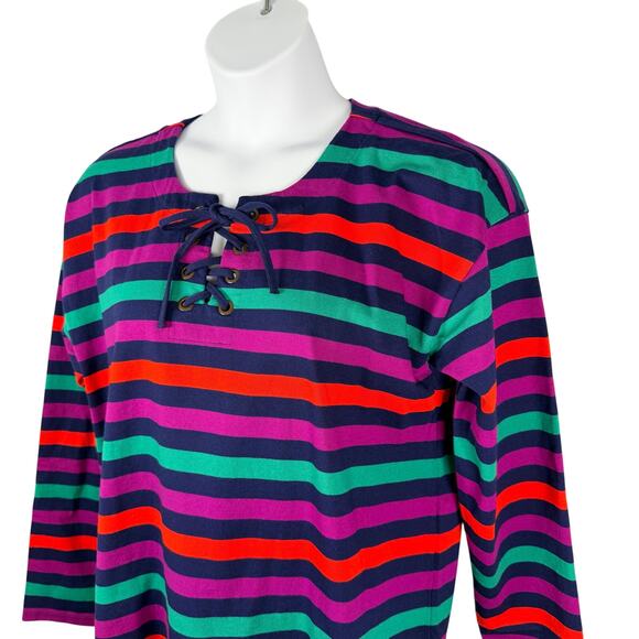Lands End Top Women Large 14-16 Colorful Striped Cotton Lace-up Tunic Resortwear - Picture 4 of 16